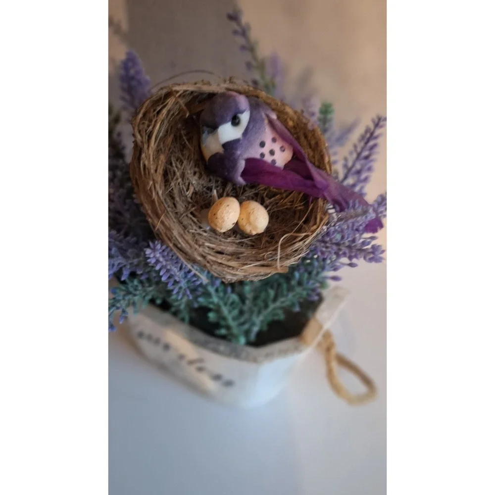 LAVENDER FLORAL ARRANGEMENT FAUX FLOWERS BIRD NEST CERAMIC PLANTER DECOR